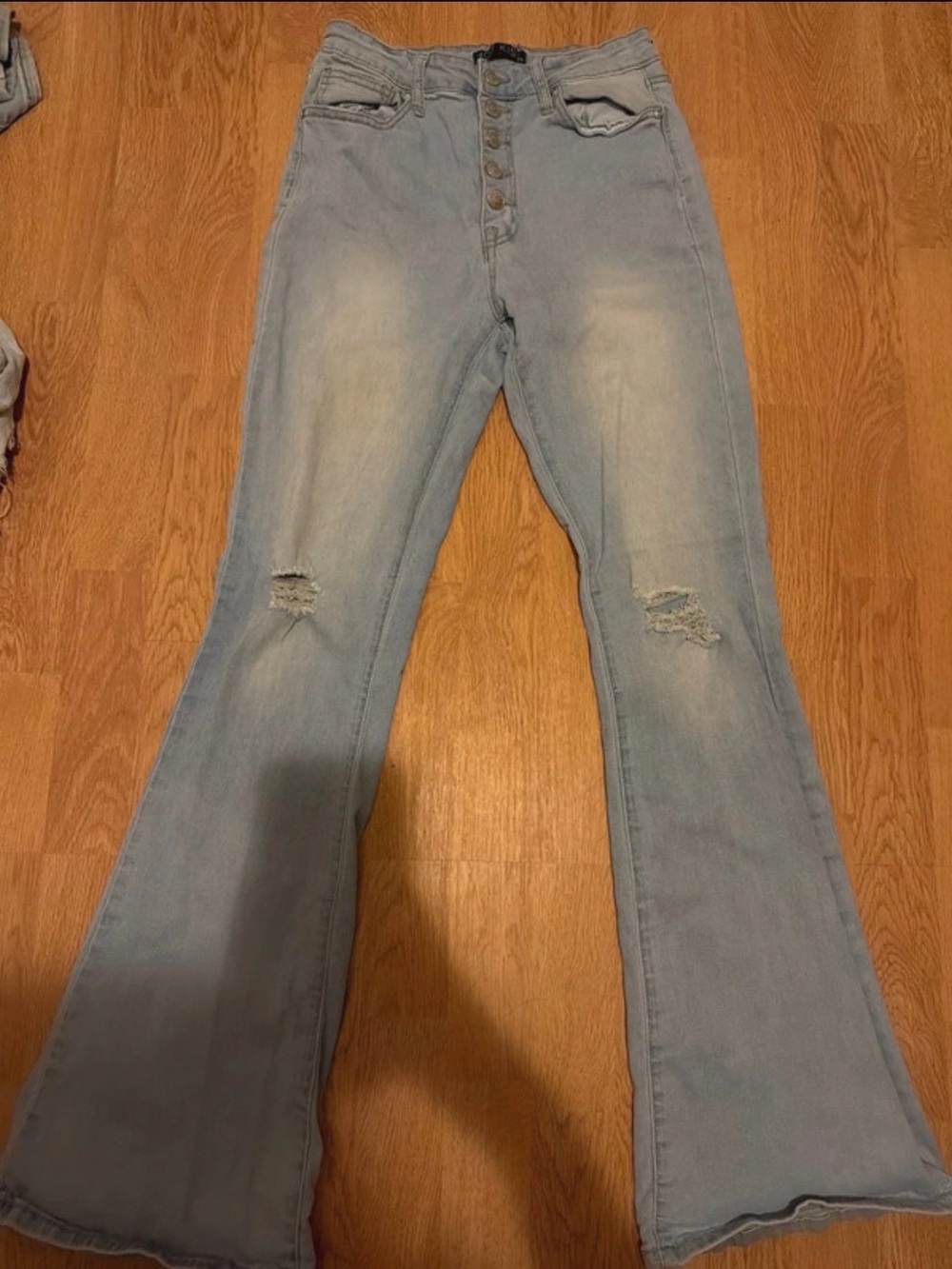 Hot Kiss Light Blue High-Rise Flare Jeans with Knee Rips